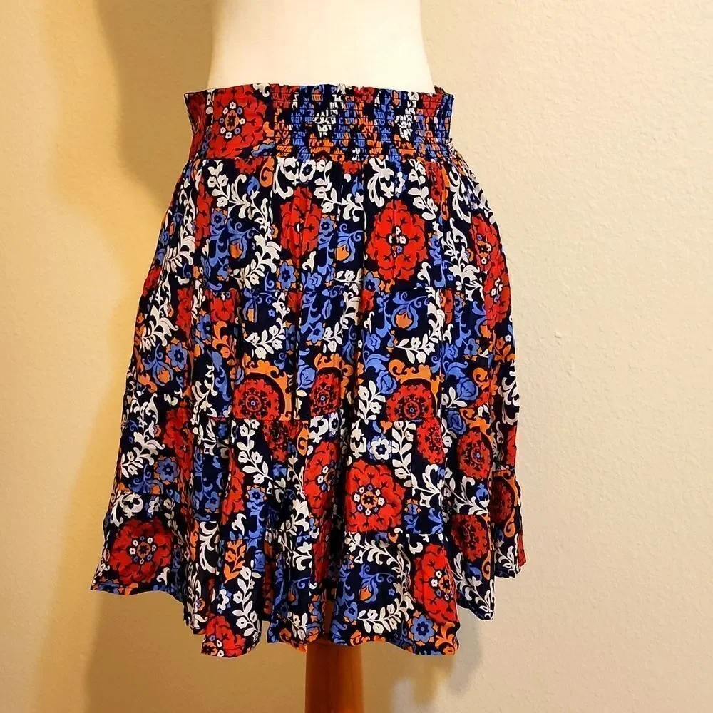 Maeve X Anthropologie Blue‎ Floral Print Flowy Smocked Mini Skirt S Petite